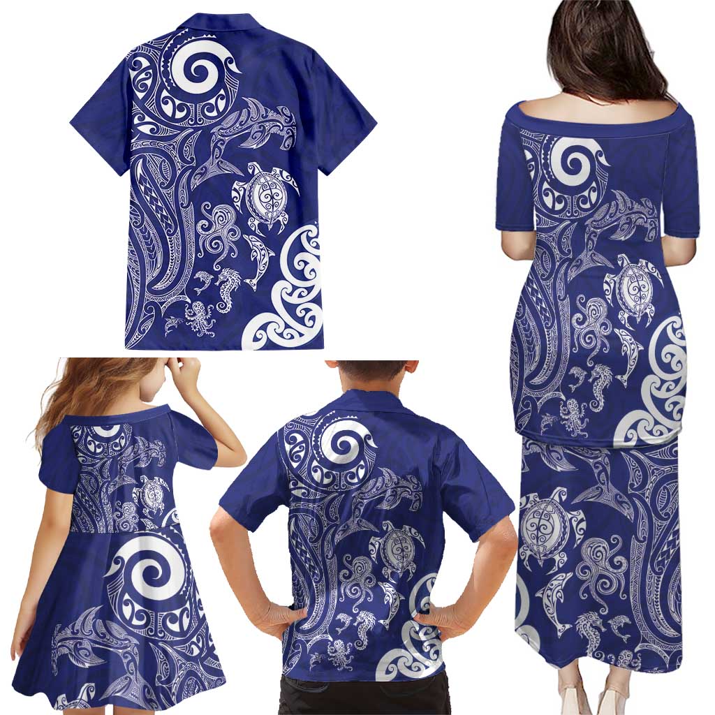 New Zealand Sea Animals with Maori Tribal Tattoo Family Matching Puletasi and Hawaiian Shirt Blue Color LT03 - Polynesian Pride