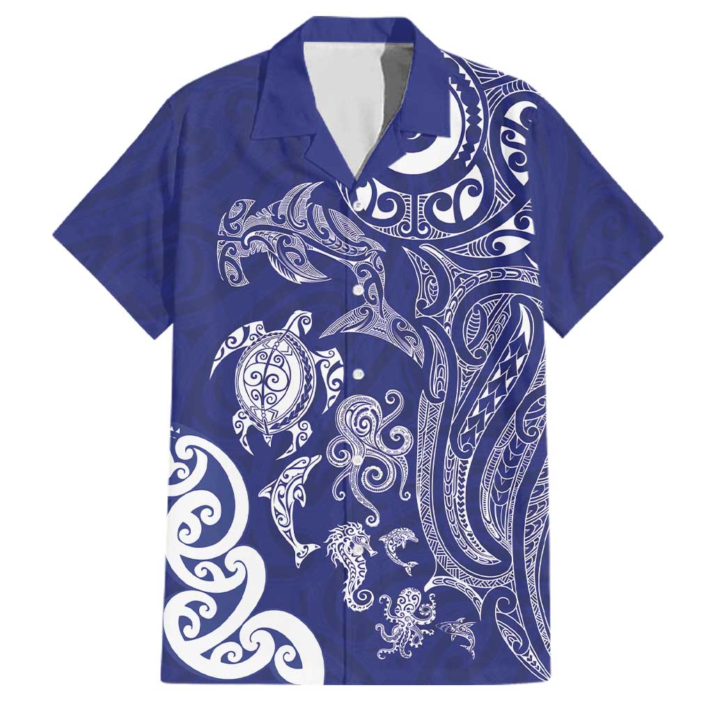 New Zealand Sea Animals with Maori Tribal Tattoo Family Matching Short Sleeve Bodycon Dress and Hawaiian Shirt Blue Color LT03 Dad's Shirt - Short Sleeve Blue - Polynesian Pride