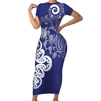 New Zealand Sea Animals with Maori Tribal Tattoo Family Matching Short Sleeve Bodycon Dress and Hawaiian Shirt Blue Color LT03 Mom's Dress Blue - Polynesian Pride