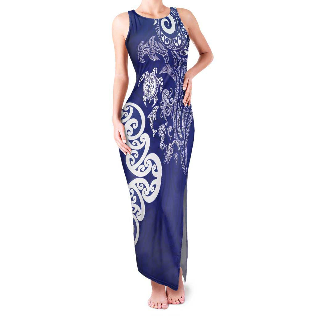 New Zealand Sea Animals with Maori Tribal Tattoo Family Matching Tank Maxi Dress and Hawaiian Shirt Blue Color LT03 Mom's Dress Blue - Polynesian Pride