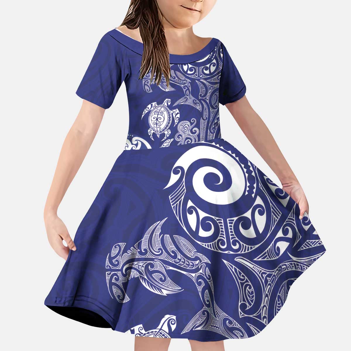New Zealand Sea Animals with Maori Tribal Tattoo Kid Short Sleeve Dress Blue Color
