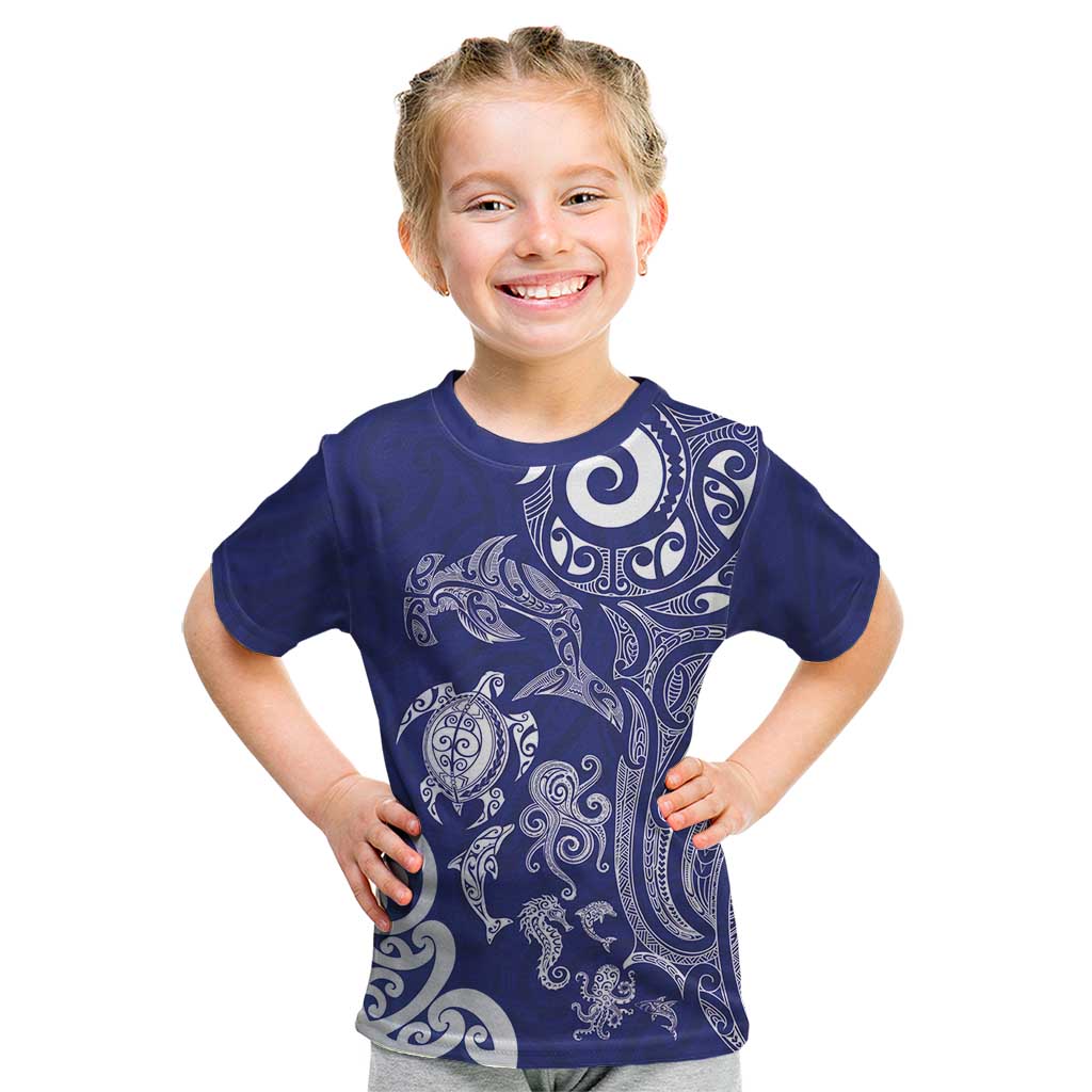 New Zealand Sea Animals with Maori Tribal Tattoo Kid T Shirt Blue Color LT03 Blue - Polynesian Pride