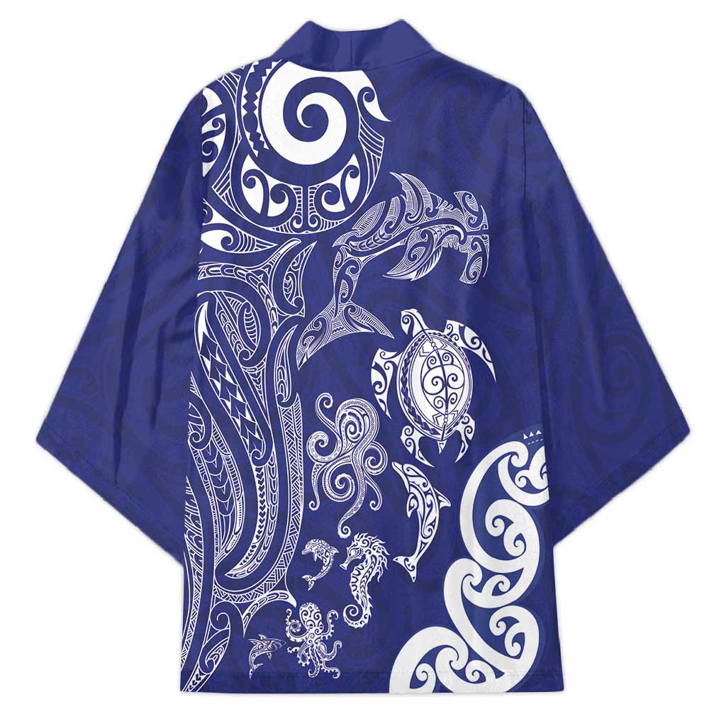 New Zealand Sea Animals with Maori Tribal Tattoo Kimono Blue Color