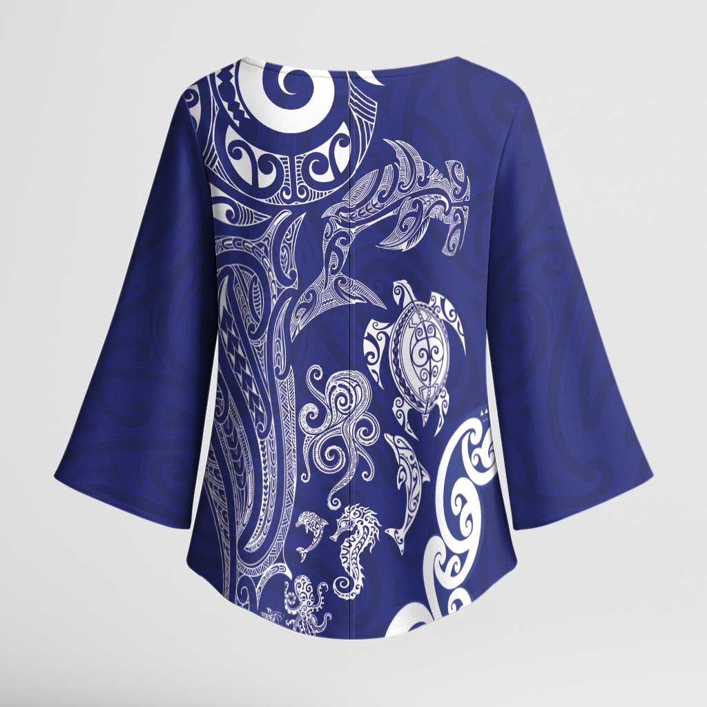 New Zealand Sea Animals with Maori Tribal Tattoo Kimono Sleeve Blouse Blue Color LT03 - Polynesian Pride