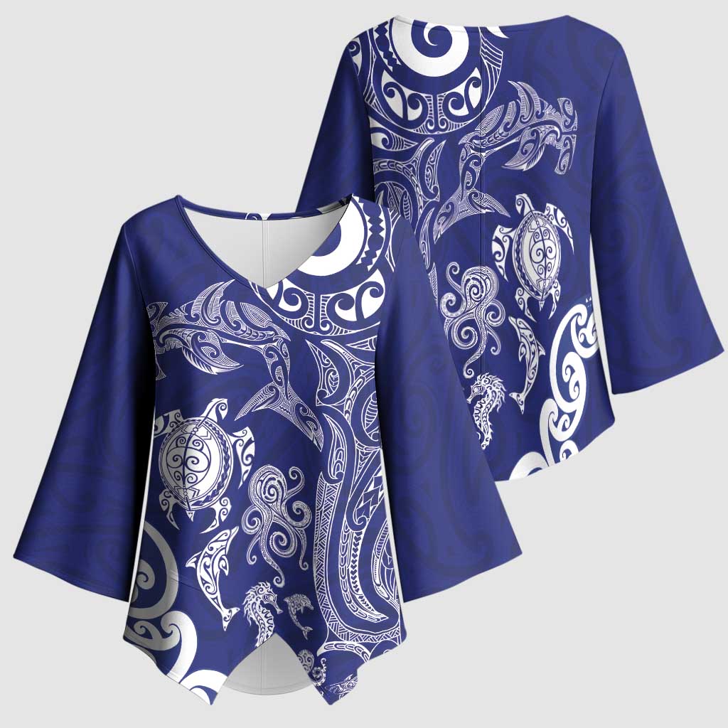 New Zealand Sea Animals with Maori Tribal Tattoo Kimono Sleeve Blouse Blue Color LT03 - Polynesian Pride
