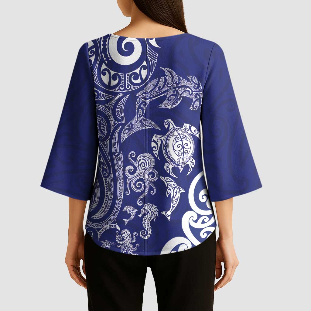New Zealand Sea Animals with Maori Tribal Tattoo Kimono Sleeve Blouse Blue Color LT03 - Polynesian Pride