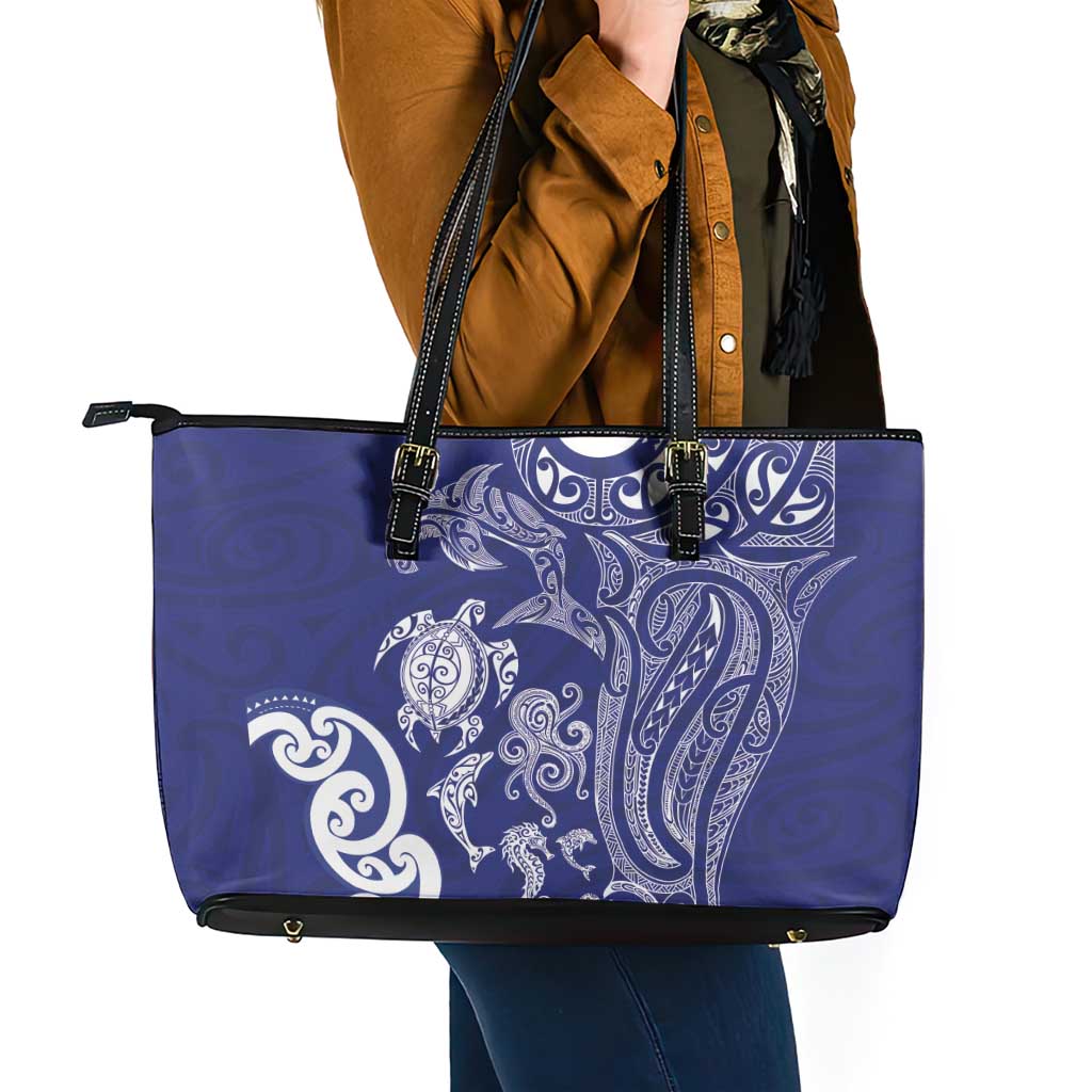 New Zealand Sea Animals with Maori Tribal Tattoo Leather Tote Bag Blue Color LT03 - Polynesian Pride