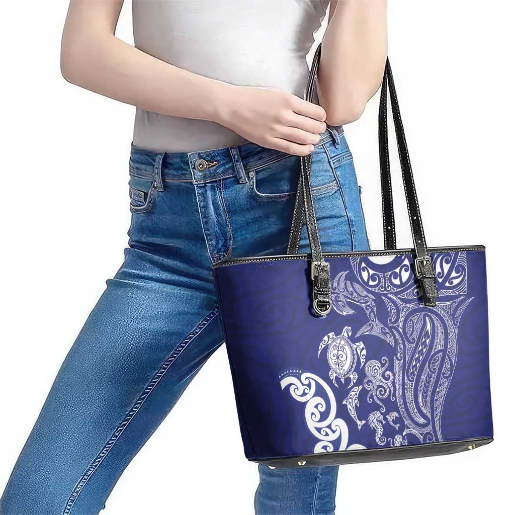 New Zealand Sea Animals with Maori Tribal Tattoo Leather Tote Bag Blue Color LT03 - Polynesian Pride