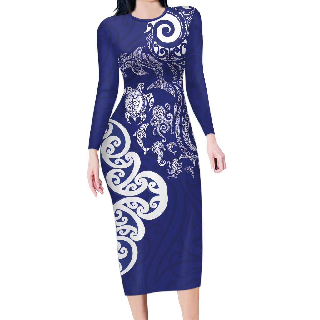 New Zealand Sea Animals with Maori Tribal Tattoo Long Sleeve Bodycon Dress Blue Color LT03 Long Dress Blue - Polynesian Pride