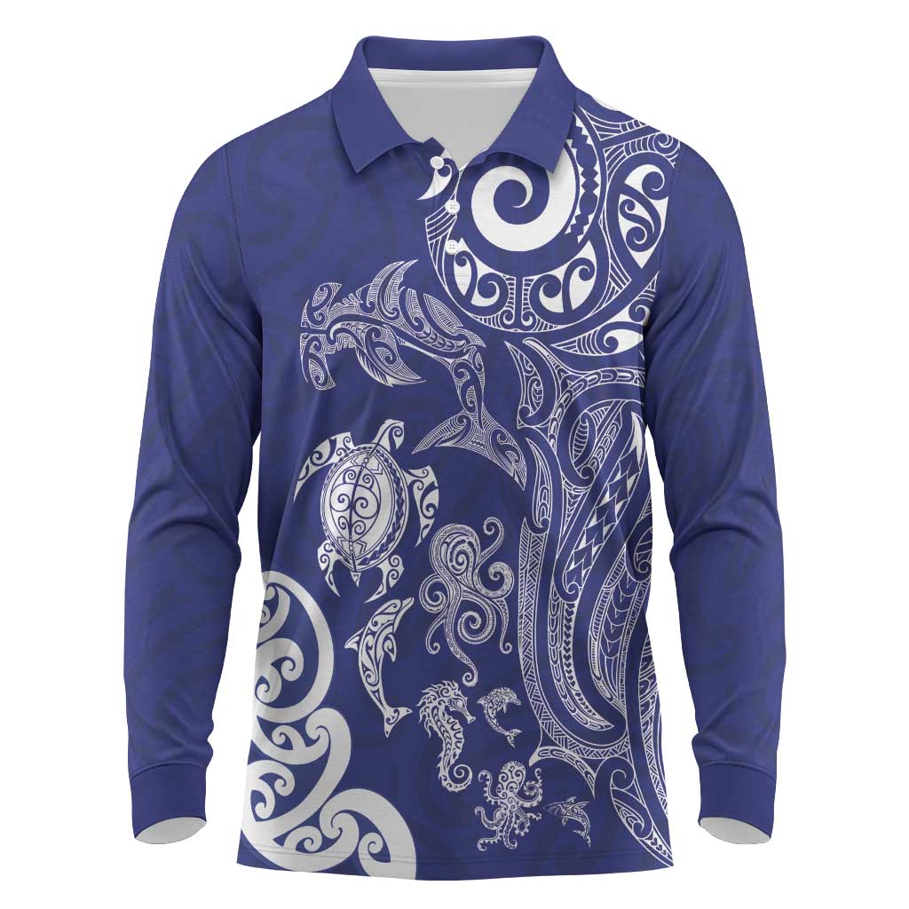 New Zealand Sea Animals with Maori Tribal Tattoo Long Sleeve Polo Shirt Blue Color