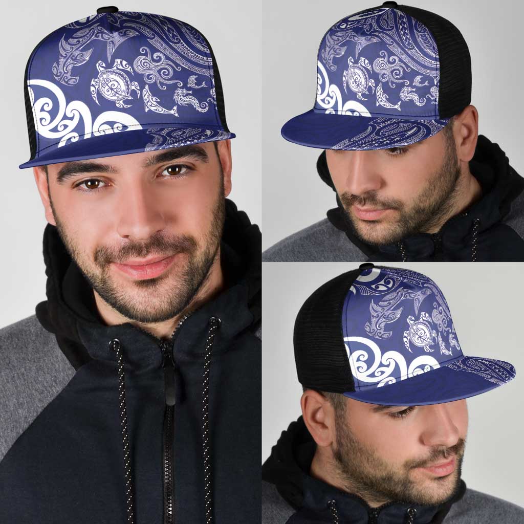 New Zealand Sea Animals with Maori Tribal Tattoo Mesh Trucker Cap Blue Color