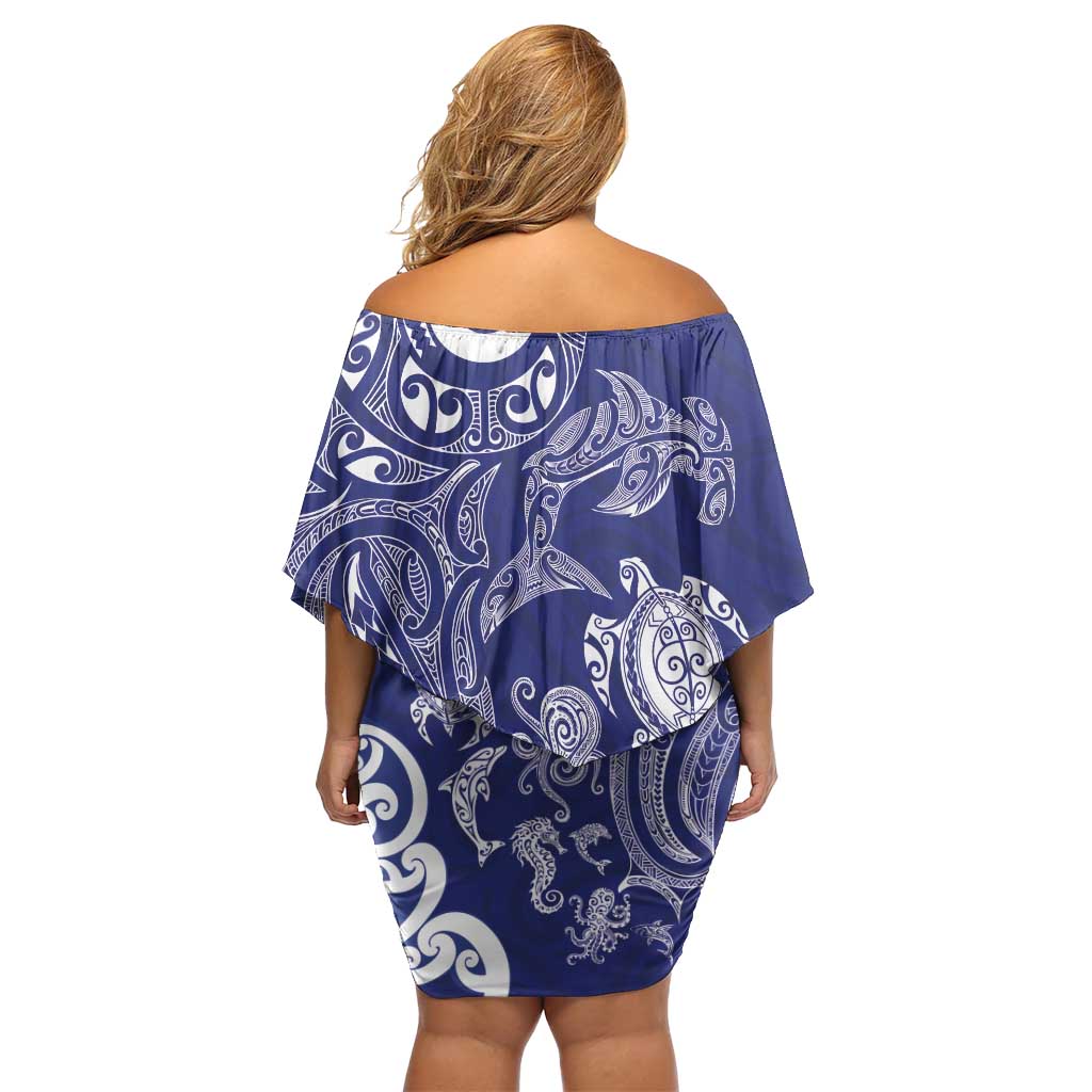 New Zealand Sea Animals with Maori Tribal Tattoo Off Shoulder Short Dress Blue Color LT03 - Polynesian Pride