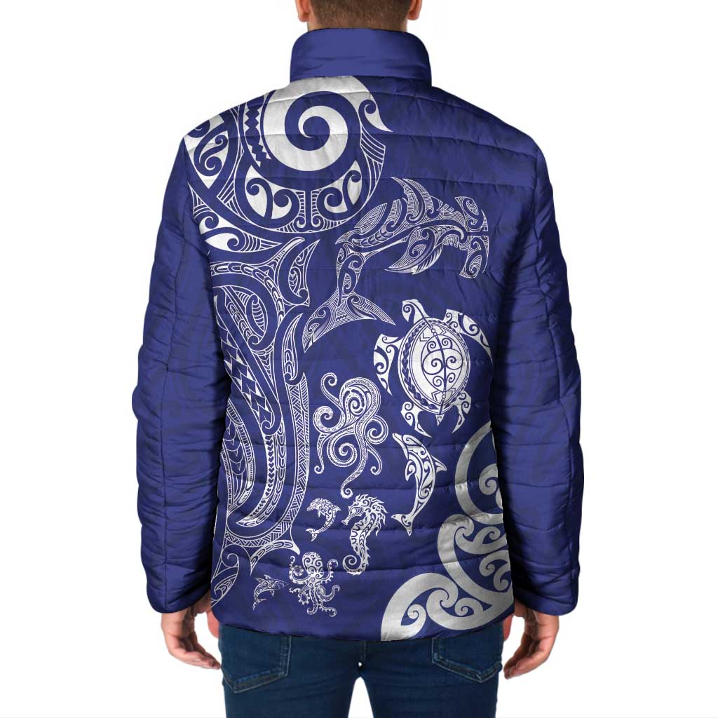 New Zealand Sea Animals with Maori Tribal Tattoo Padded Jacket Blue Color