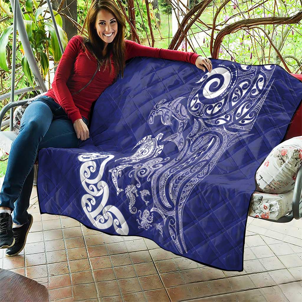 New Zealand Sea Animals with Maori Tribal Tattoo Quilt Blue Color