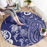 New Zealand Sea Animals with Maori Tribal Tattoo Round Carpet Blue Color