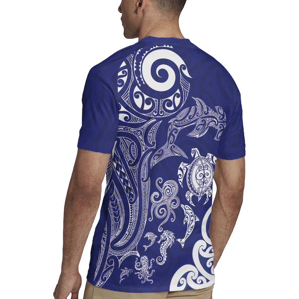 New Zealand Sea Animals with Maori Tribal Tattoo Rugby Jersey Blue Color