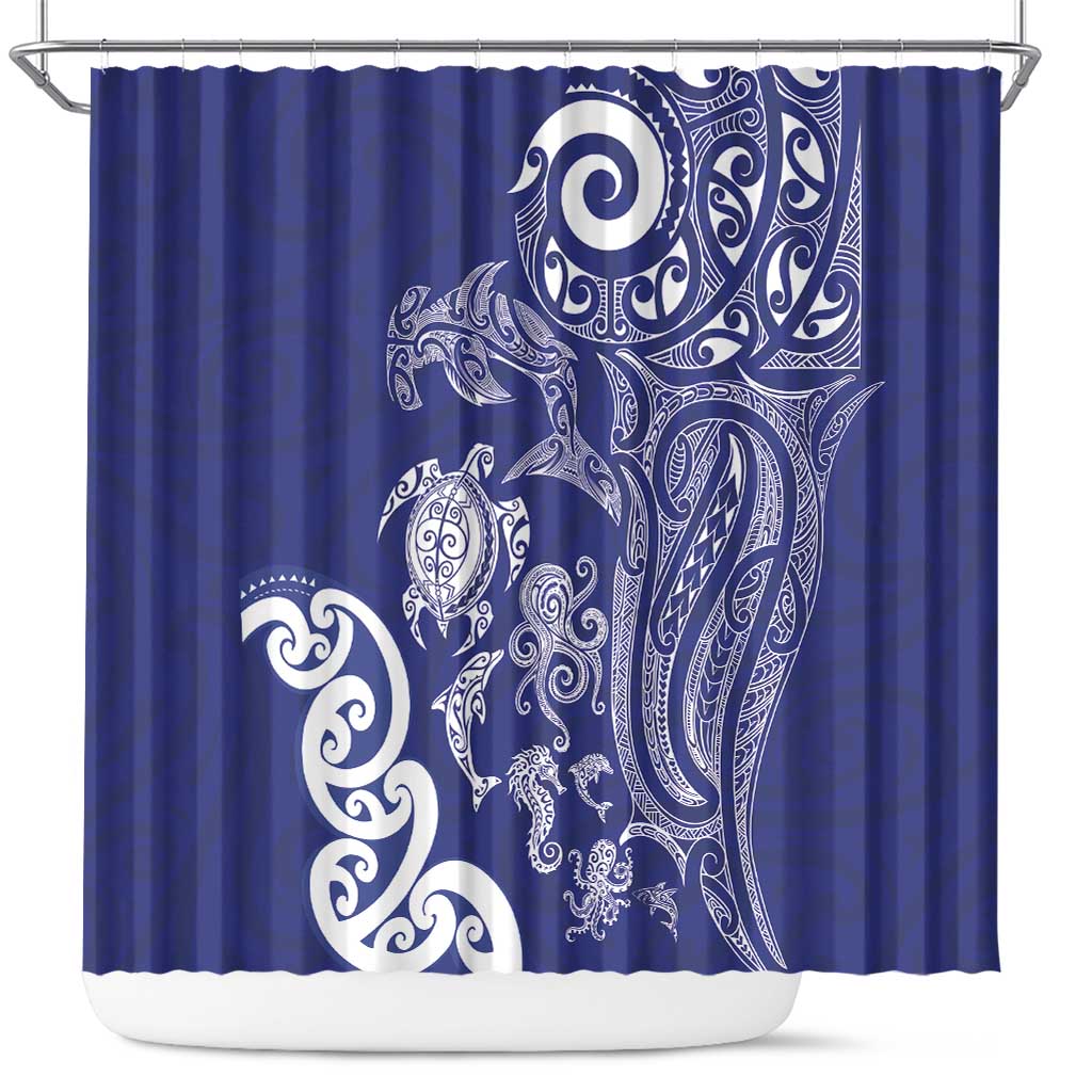 New Zealand Sea Animals with Maori Tribal Tattoo Shower Curtain Blue Color LT03 Blue - Polynesian Pride