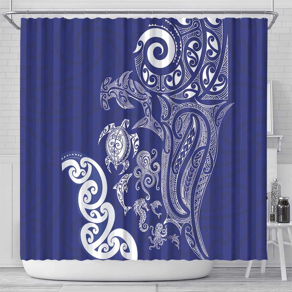 New Zealand Sea Animals with Maori Tribal Tattoo Shower Curtain Blue Color LT03 - Polynesian Pride