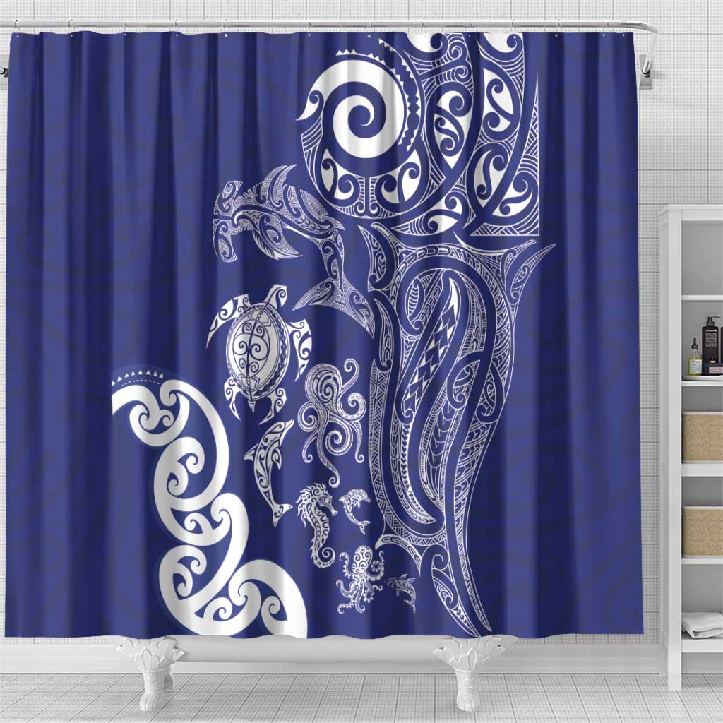 New Zealand Sea Animals with Maori Tribal Tattoo Shower Curtain Blue Color LT03 - Polynesian Pride