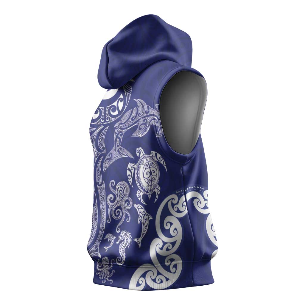 New Zealand Sea Animals with Maori Tribal Tattoo Sleeveless Hoodie Blue Color LT03 - Polynesian Pride