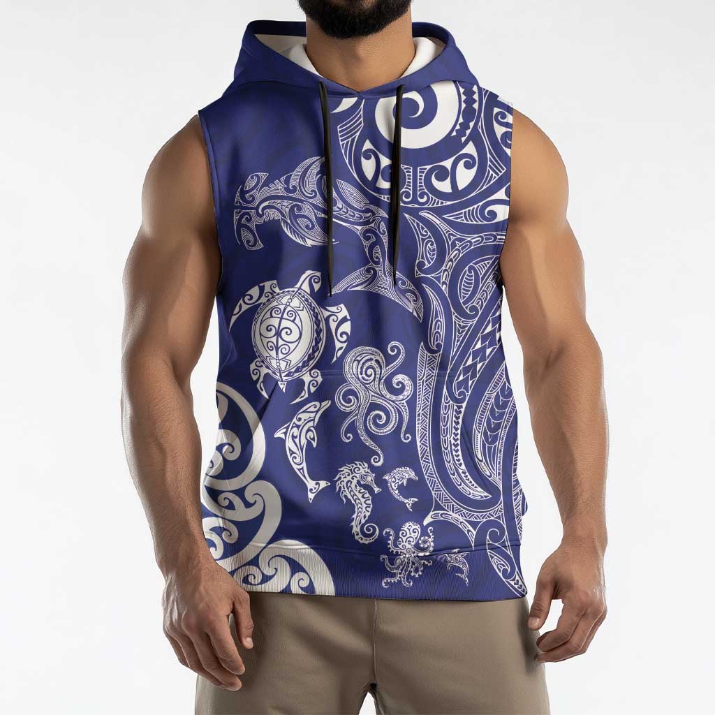 New Zealand Sea Animals with Maori Tribal Tattoo Sleeveless Hoodie Blue Color LT03 - Polynesian Pride
