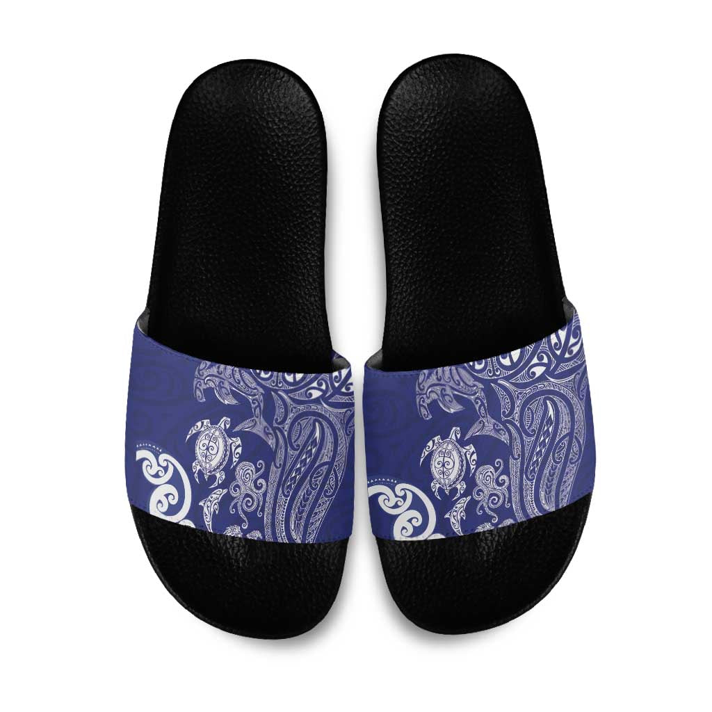 New Zealand Sea Animals with Maori Tribal Tattoo Slide Sandals Blue Color
