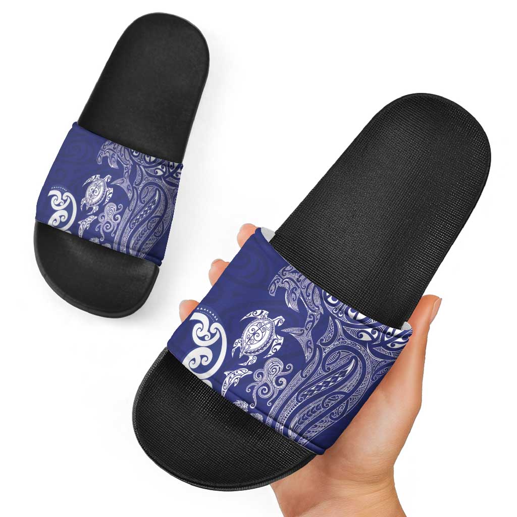 New Zealand Sea Animals with Maori Tribal Tattoo Slide Sandals Blue Color