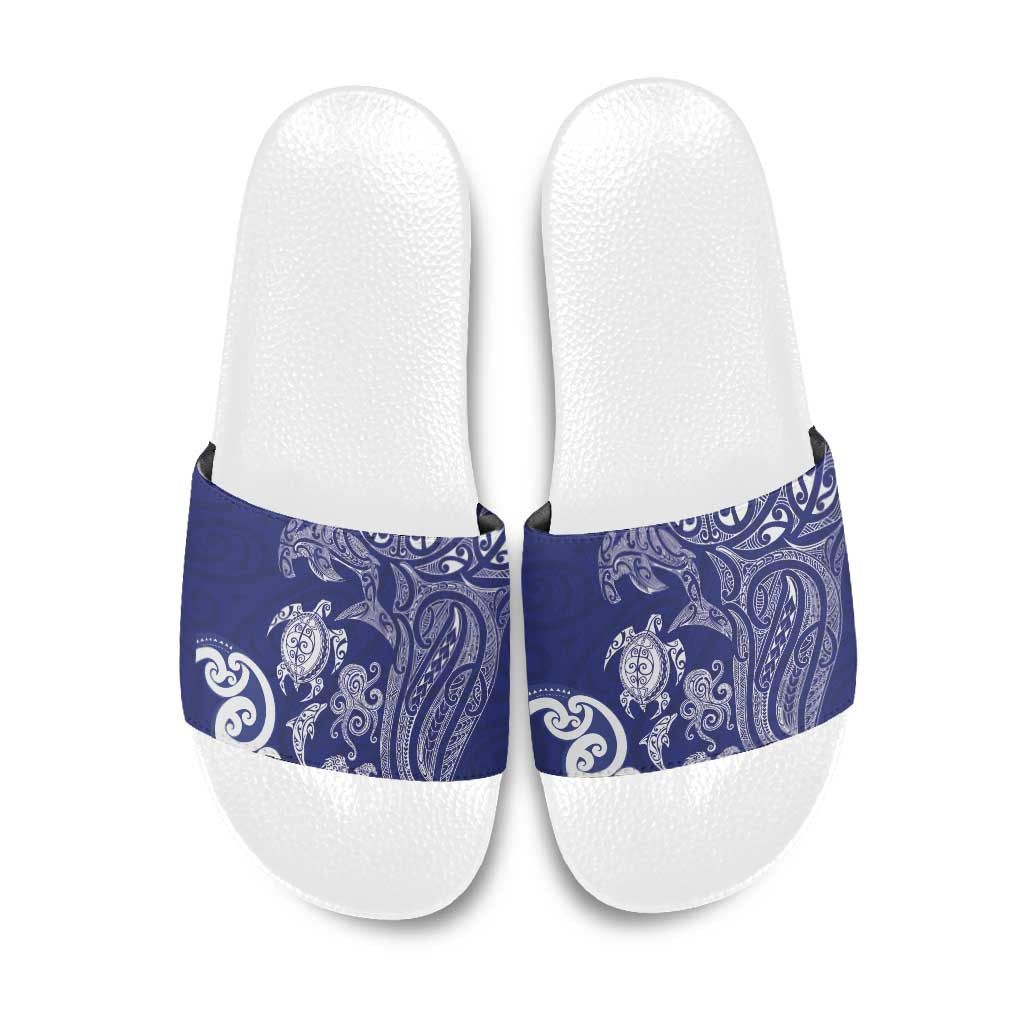 New Zealand Sea Animals with Maori Tribal Tattoo Slide Sandals Blue Color