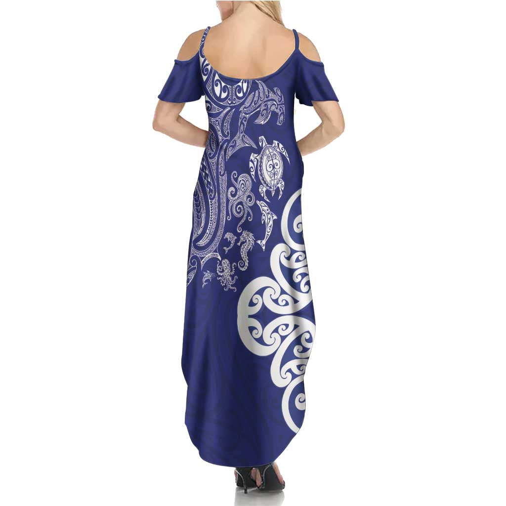 New Zealand Sea Animals with Maori Tribal Tattoo Summer Maxi Dress Blue Color LT03 - Polynesian Pride