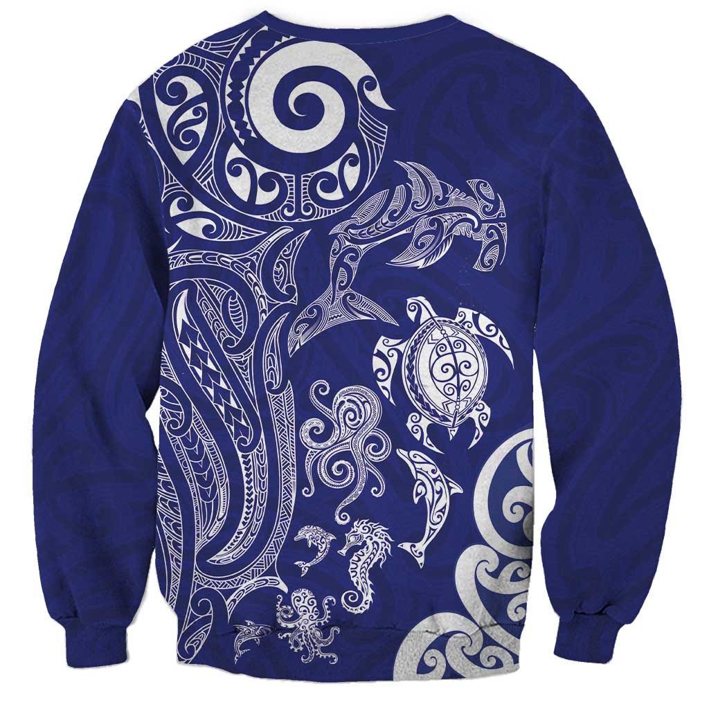 New Zealand Sea Animals with Maori Tribal Tattoo Sweatshirt Blue Color