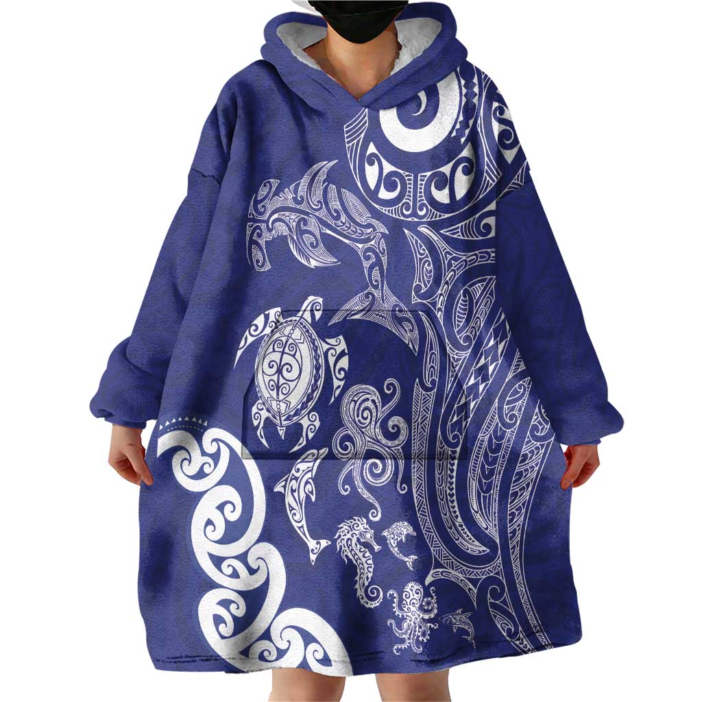 New Zealand Sea Animals with Maori Tribal Tattoo Wearable Blanket Hoodie Blue Color LT03 - Polynesian Pride