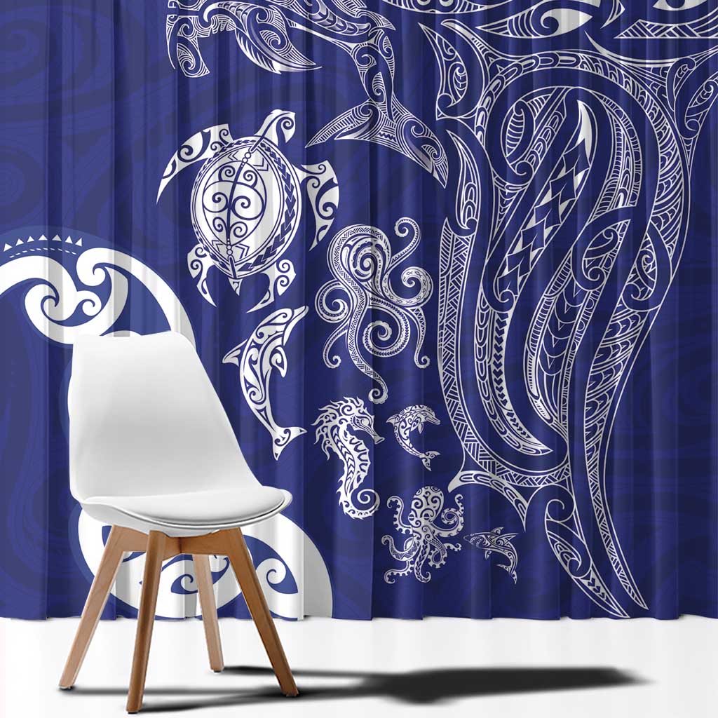 New Zealand Sea Animals with Maori Tribal Tattoo Window Curtain Blue Color