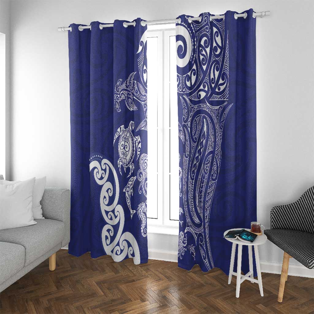New Zealand Sea Animals with Maori Tribal Tattoo Window Curtain Blue Color