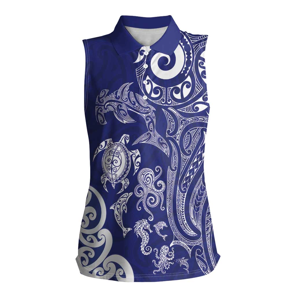 New Zealand Sea Animals with Maori Tribal Tattoo Women Sleeveless Polo Shirt Blue Color LT03 Female Blue - Polynesian Pride