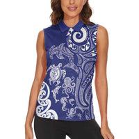 New Zealand Sea Animals with Maori Tribal Tattoo Women Sleeveless Polo Shirt Blue Color LT03 - Polynesian Pride