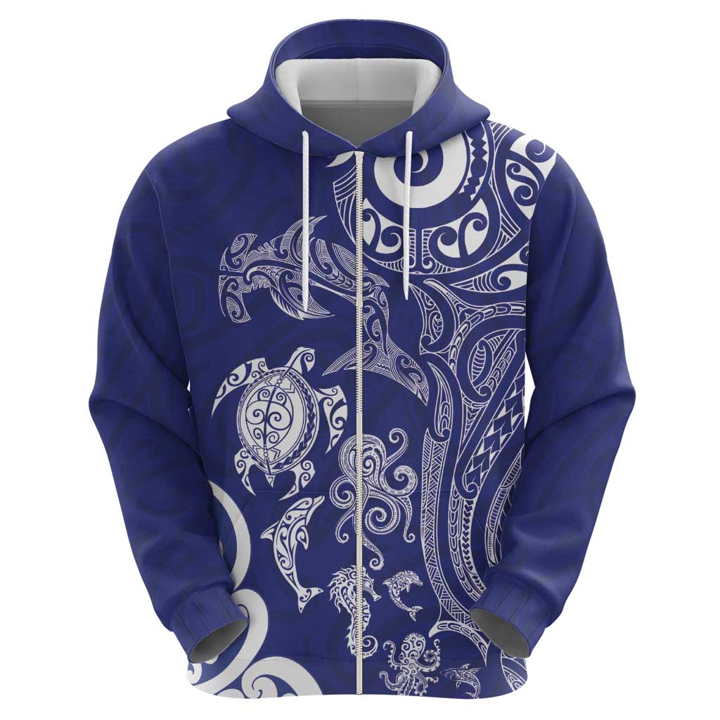 New Zealand Sea Animals with Maori Tribal Tattoo Zip Hoodie Blue Color LT03 - Polynesian Pride