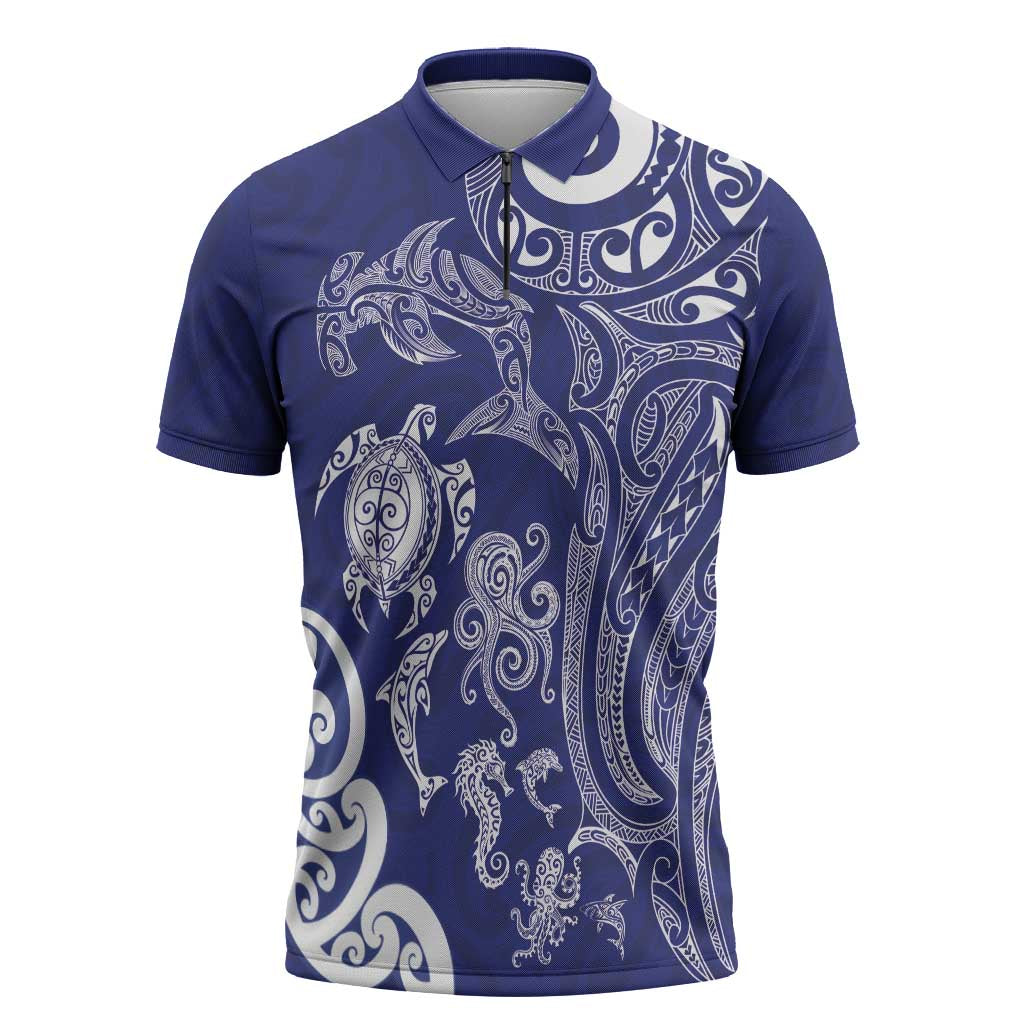 New Zealand Sea Animals with Maori Tribal Tattoo Zipper Polo Shirt Blue Color LT03 Blue - Polynesian Pride