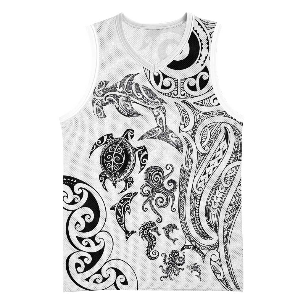 New Zealand Sea Animals with Maori Tribal Tattoo Basketball Jersey White Color