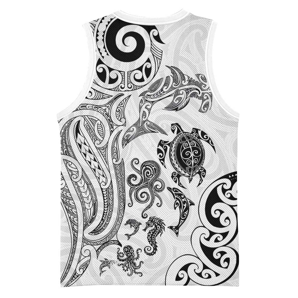 New Zealand Sea Animals with Maori Tribal Tattoo Basketball Jersey White Color LT03 - Polynesian Pride