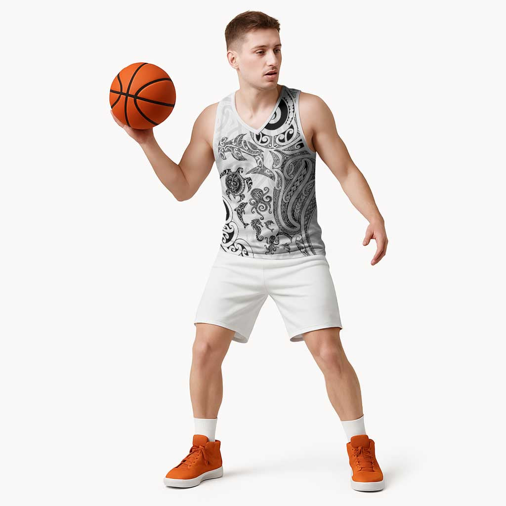 New Zealand Sea Animals with Maori Tribal Tattoo Basketball Jersey White Color LT03 - Polynesian Pride