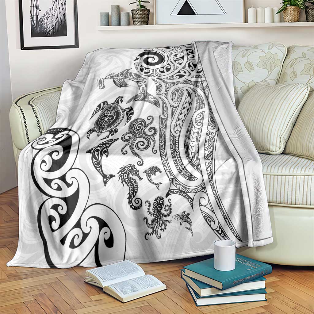 New Zealand Sea Animals with Maori Tribal Tattoo Blanket White Color