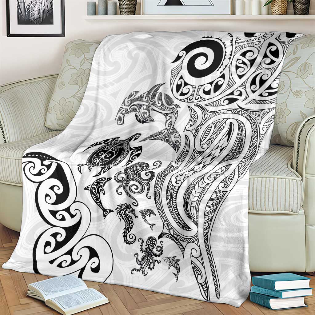 New Zealand Sea Animals with Maori Tribal Tattoo Blanket White Color