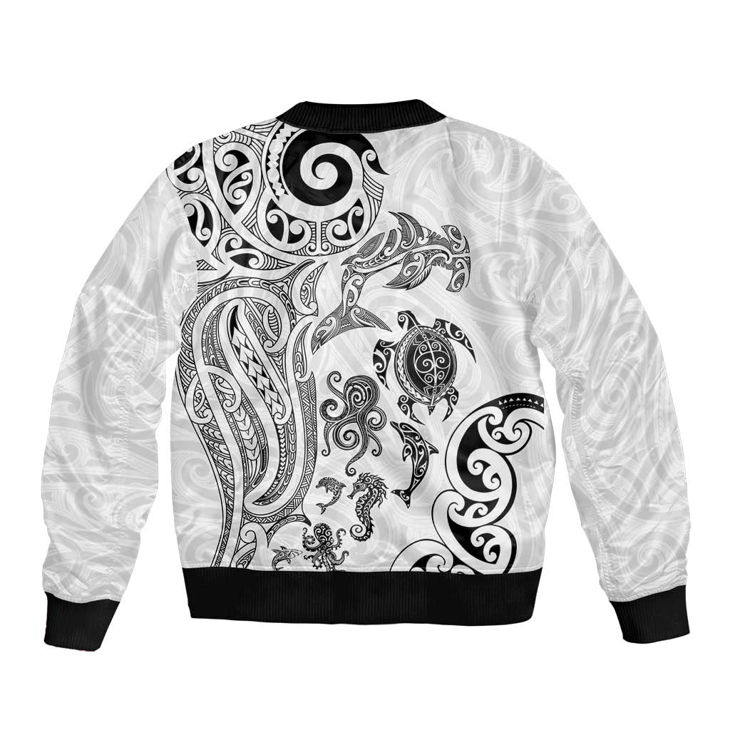 New Zealand Sea Animals with Maori Tribal Tattoo Bomber Jacket White Color