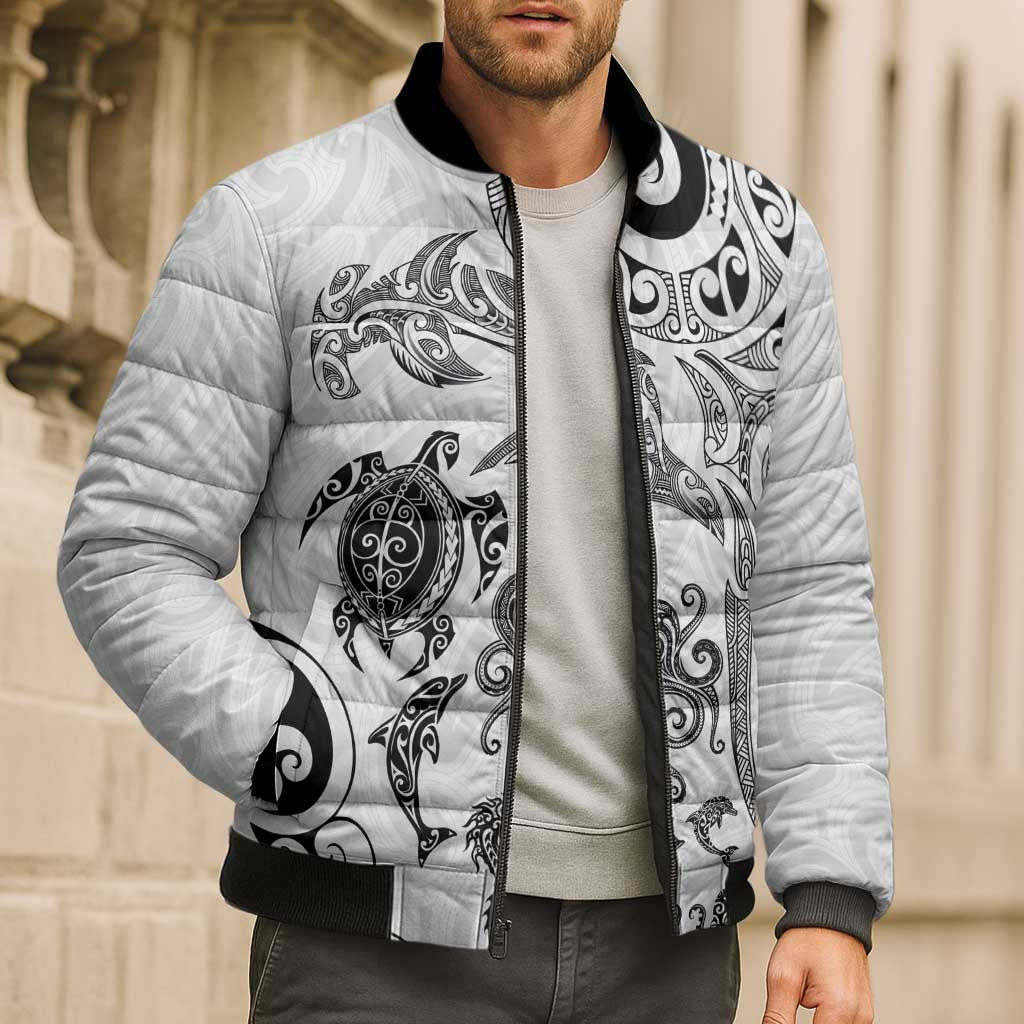 New Zealand Sea Animals with Maori Tribal Tattoo Bomber Puffer Jacket White Color
