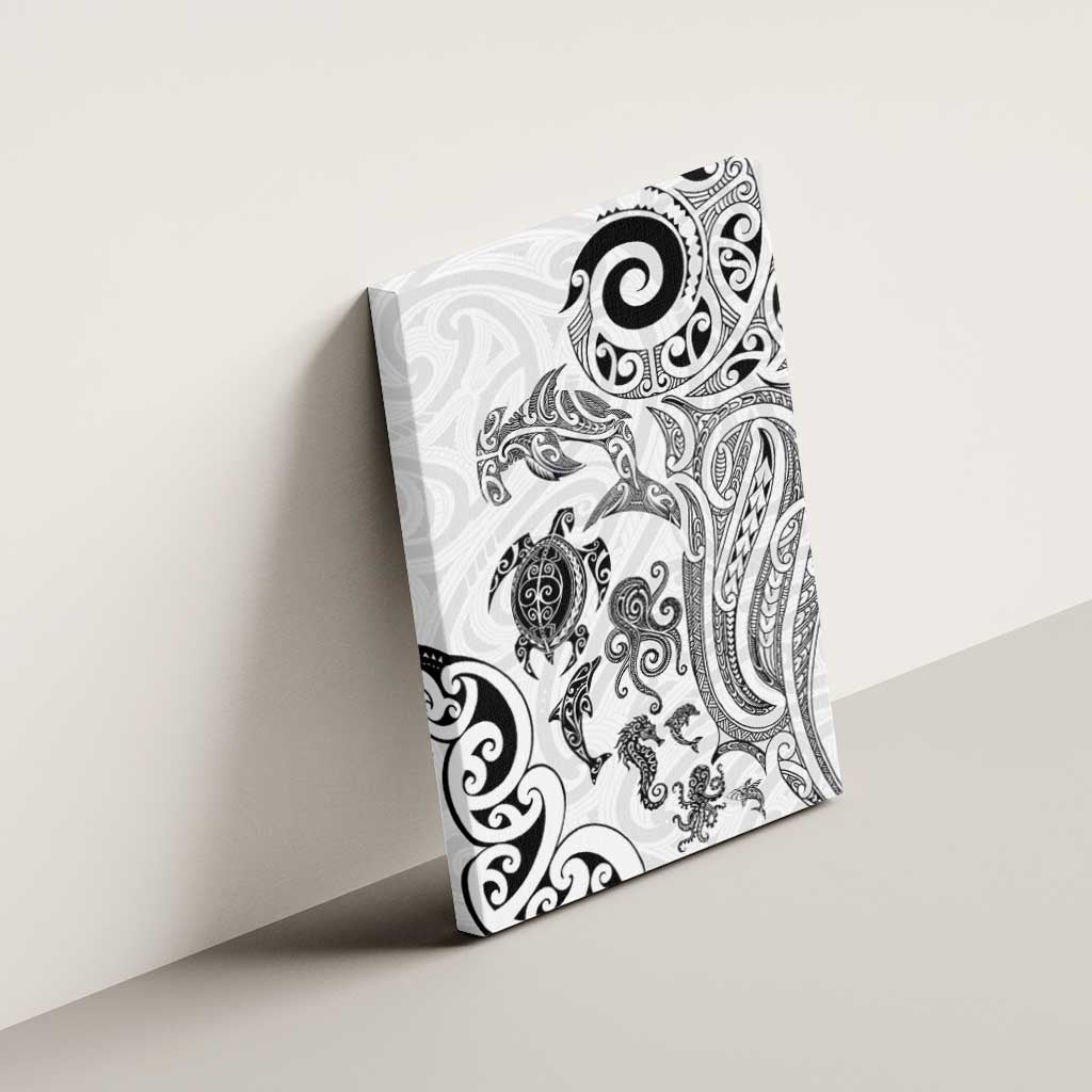 New Zealand Sea Animals with Maori Tribal Tattoo Canvas Wall Art White Color