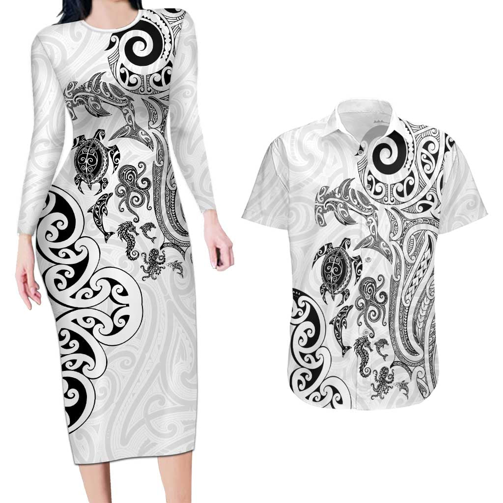 New Zealand Sea Animals with Maori Tribal Tattoo Couples Matching Long Sleeve Bodycon Dress and Hawaiian Shirt White Color LT03 White - Polynesian Pride