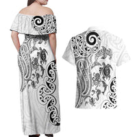 New Zealand Sea Animals with Maori Tribal Tattoo Couples Matching Off Shoulder Maxi Dress and Hawaiian Shirt White Color LT03 - Polynesian Pride