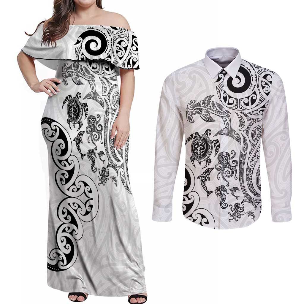 New Zealand Sea Animals with Maori Tribal Tattoo Couples Matching Off Shoulder Maxi Dress and Long Sleeve Button Shirt White Color LT03 White - Polynesian Pride