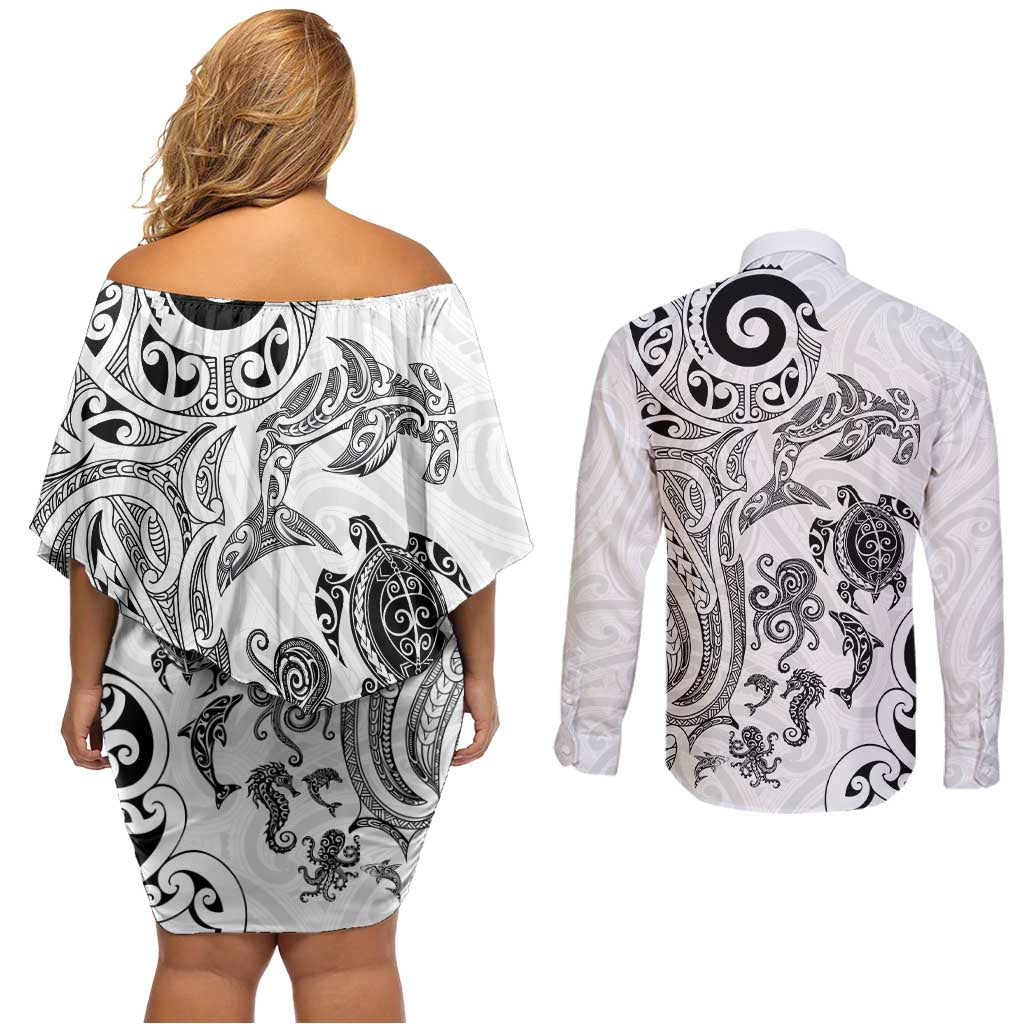 New Zealand Sea Animals with Maori Tribal Tattoo Couples Matching Off Shoulder Short Dress and Long Sleeve Button Shirt White Color LT03 - Polynesian Pride