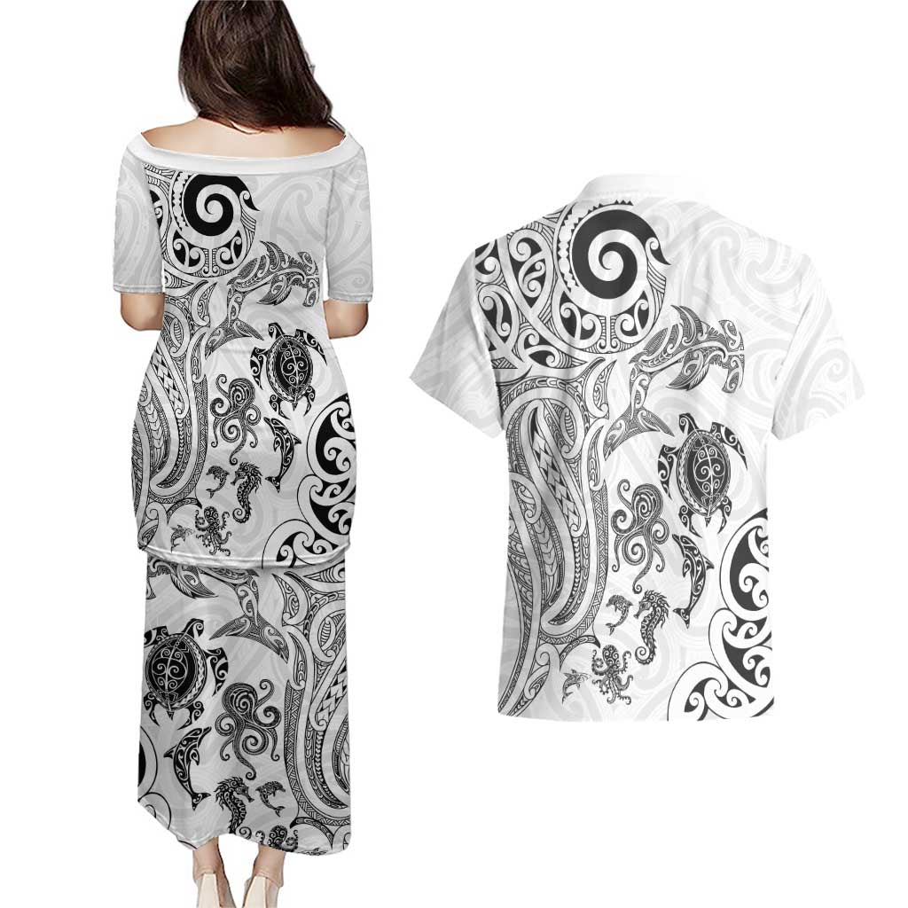 New Zealand Sea Animals with Maori Tribal Tattoo Couples Matching Puletasi and Hawaiian Shirt White Color LT03 - Polynesian Pride